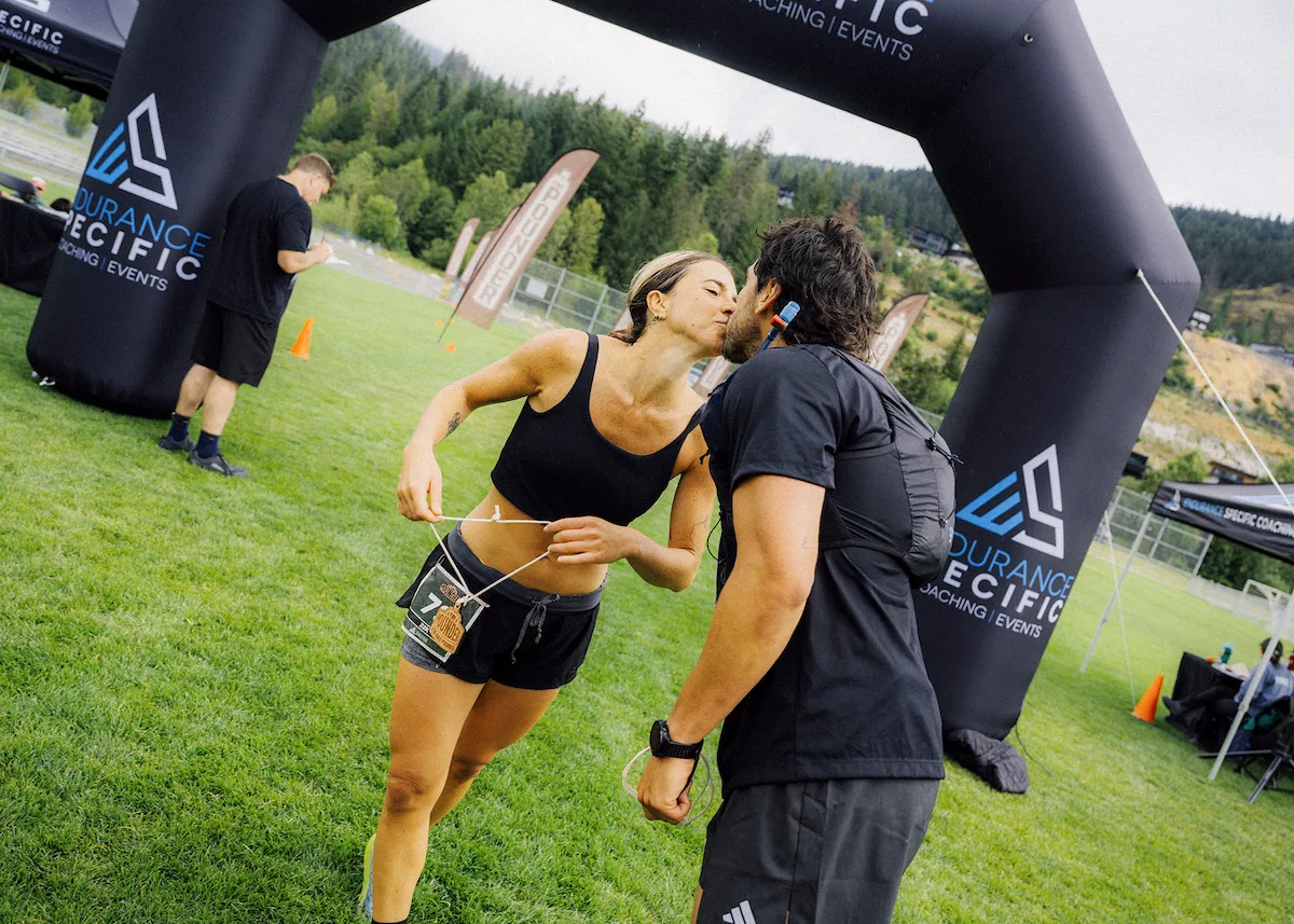 Runners descending through old growth, Pemberton